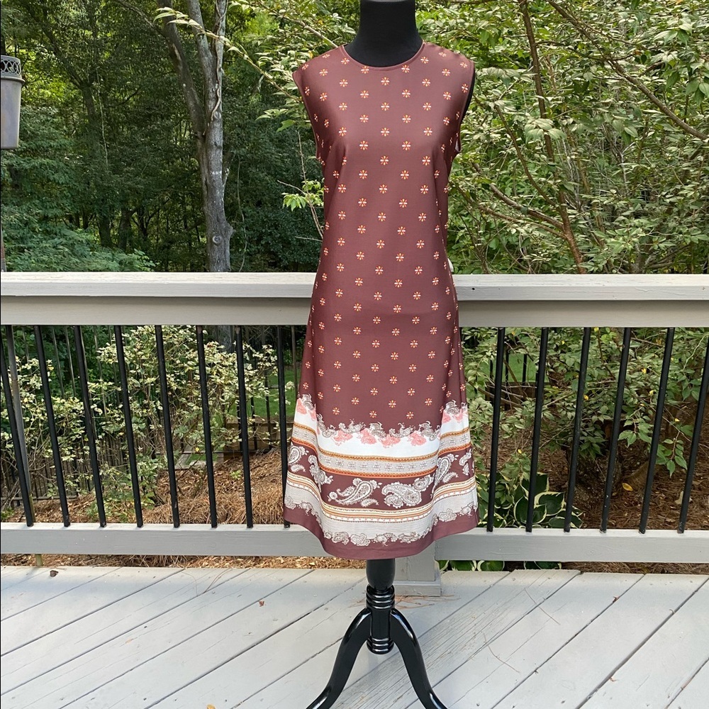 Vintage 70s Paisley Fall Floral Boho Hippie MIDI Dress